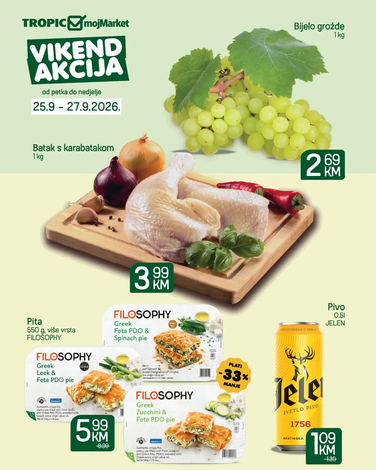 Tropic i mojMarket vikend akcija od 25. do 27.09.2026. – bijelo grožđe, batak s karabatakom, Philosophy pita i Jelen pivo po akcijskim cijenama
