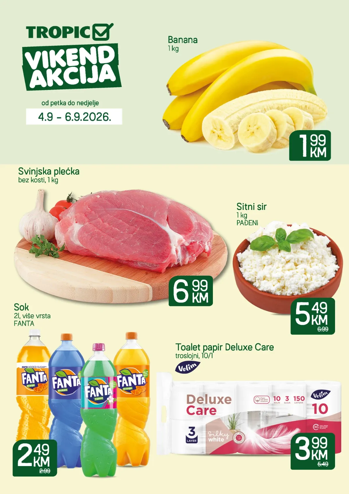 Tropic vikend akcija od 04.09. do 06.09.2026. – banane, svinjska plećka, sitni sir, Fanta i toalet papir po akcijskim cijenama