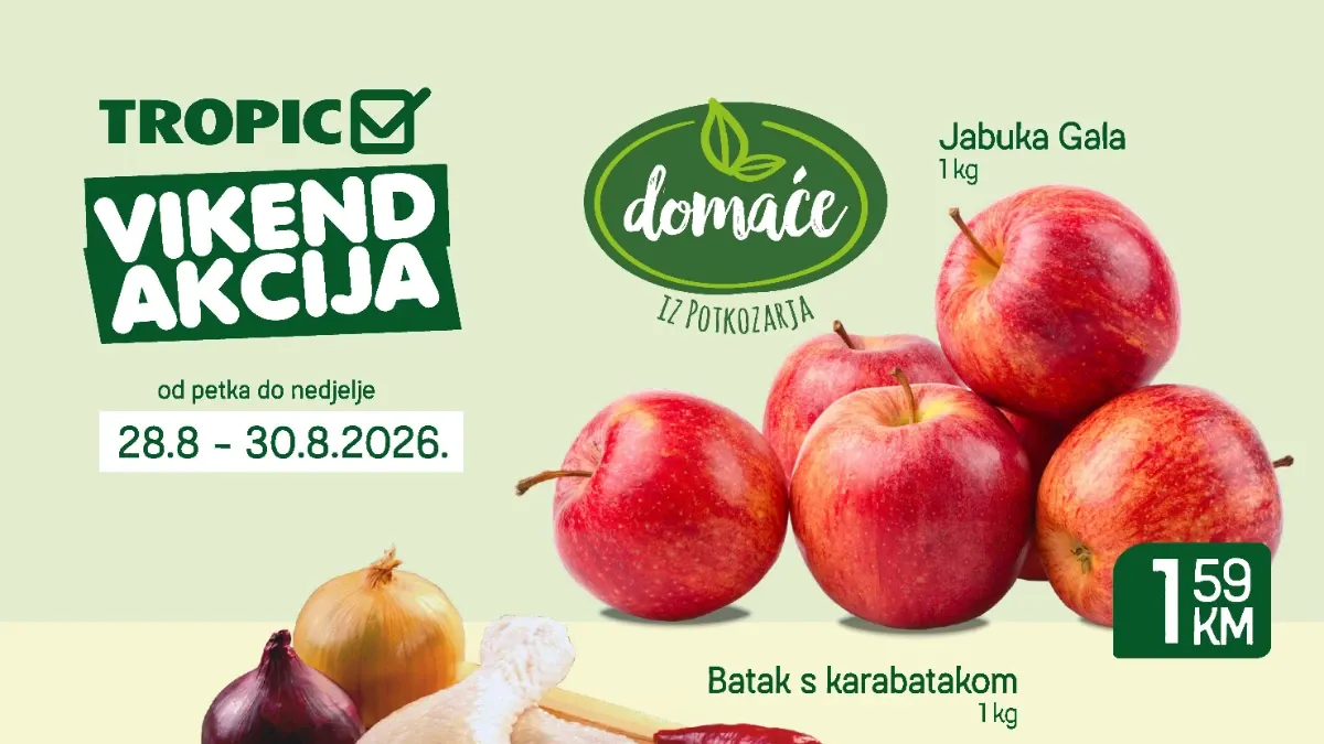 MojMarket i Tropic vikend akcija od 28.08. do 30.08.2026. – jabuke, pileći batak, Somersby i PIK šunka po akcijskim cijenama