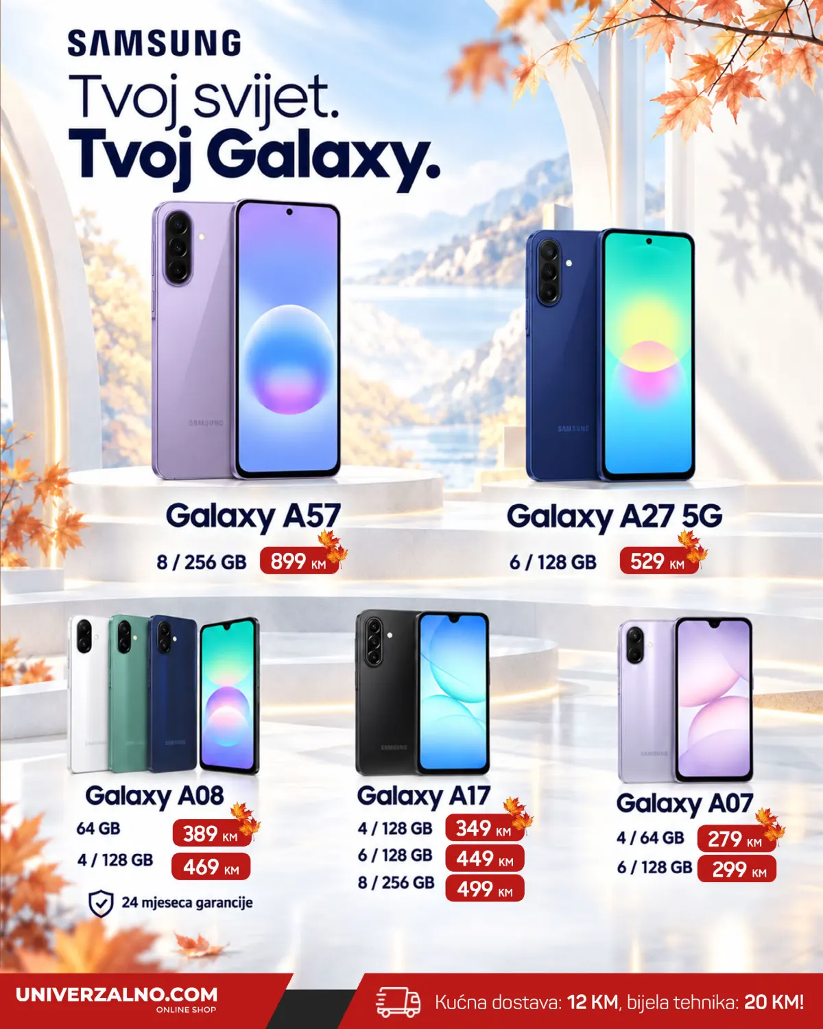 Univerzalno.com oktobarski katalog 2026, stranica 2 – Samsung Galaxy mobiteli i cijene različitih memorijskih konfiguracija