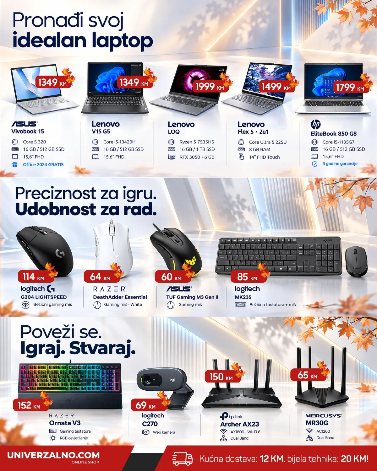Univerzalno.com oktobarski katalog 2026, stranica 4 – ASUS, Lenovo i HP laptopi, miševi, tastature, web kamera i ruteri