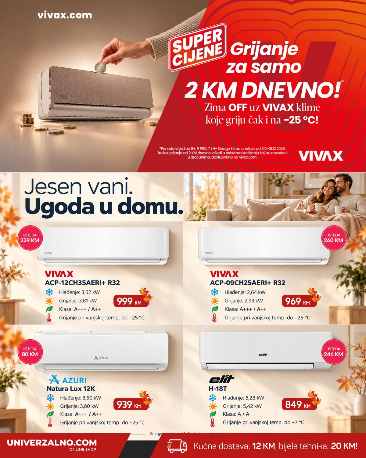Univerzalno.com oktobarski katalog 2026, stranica 5 – Vivax, Azuri i Elit klima uređaji za hlađenje i grijanje