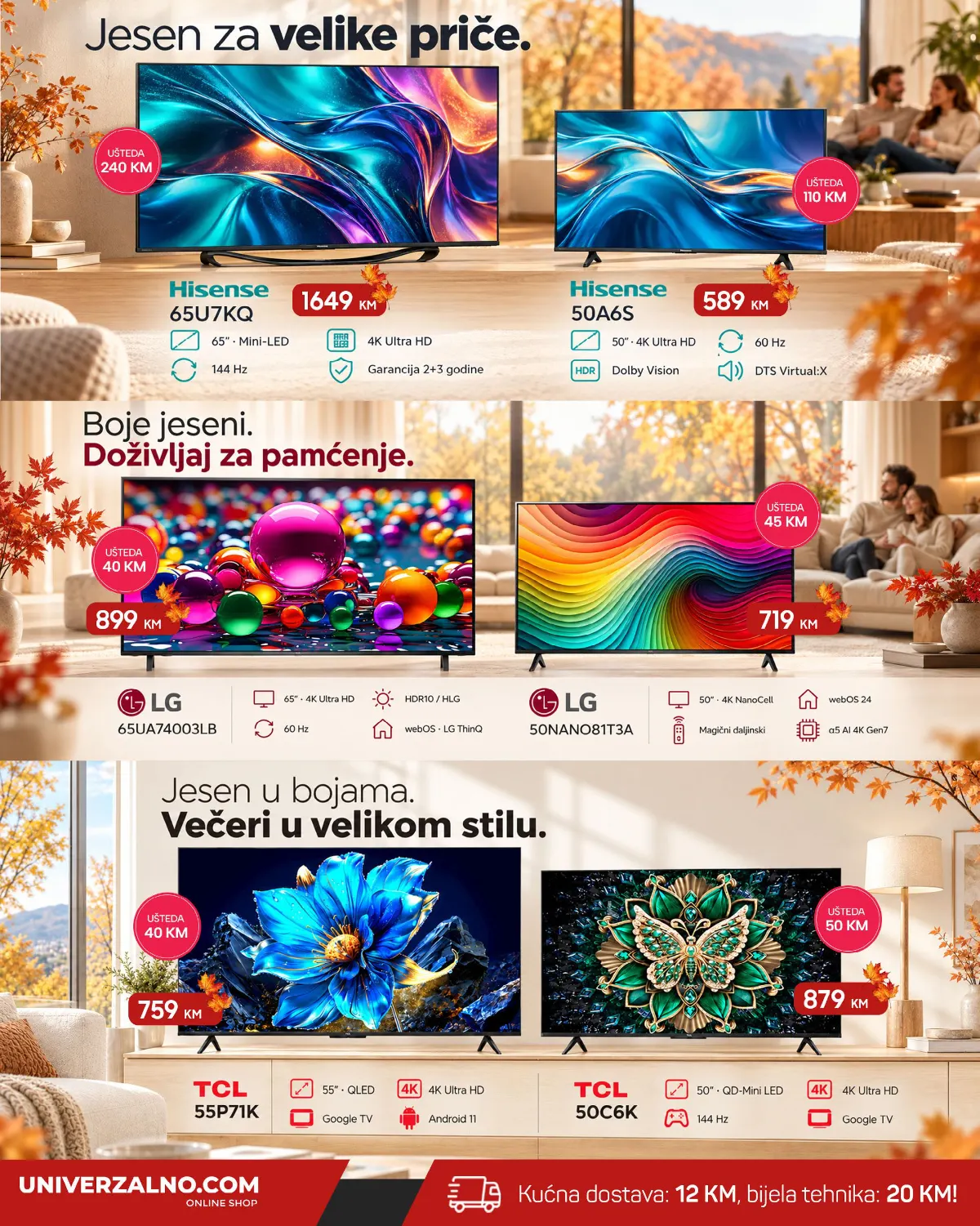 Univerzalno.com oktobarski katalog 2026, stranica 6 – Hisense, LG i TCL televizori s ekranima od 50 do 65 inča