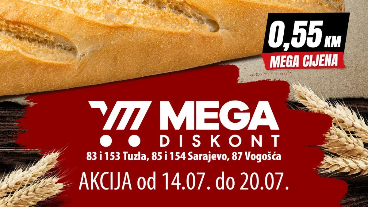 Mega Diskont pekara akcija od 14.07. do 20.07.2026. – baget francuski 0,55 KM, sirnica 0,85 KM i pecivo sa filom od jabuke 0,95 KM