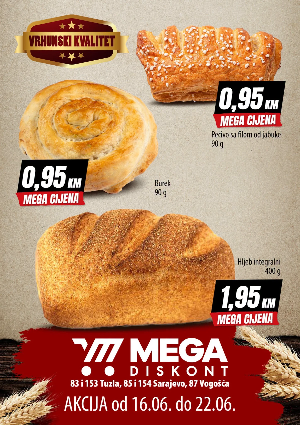 Mega Diskont pekara akcija do 22.06.2026 – burek, peciva i integralni hljeb po Mega cijenama