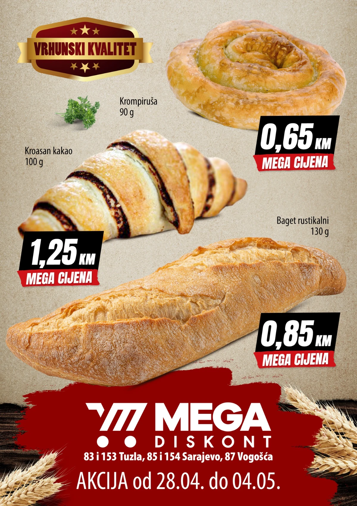 Mega Diskont pekara akcija – krompiruša 0,65 KM, baget 0,85 KM i kroasan 1,25 KM do 04.05.2026