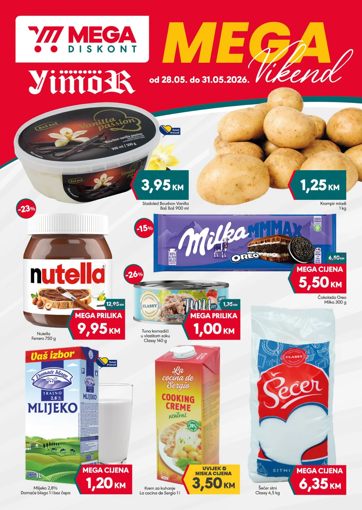 Mega Diskont i Yimor vikend akcija do 31.05.2026 – Nutella 9,95 KM, Milka Oreo 5,50 KM, mlijeko 1,20 KM i krompir 1,25 KM