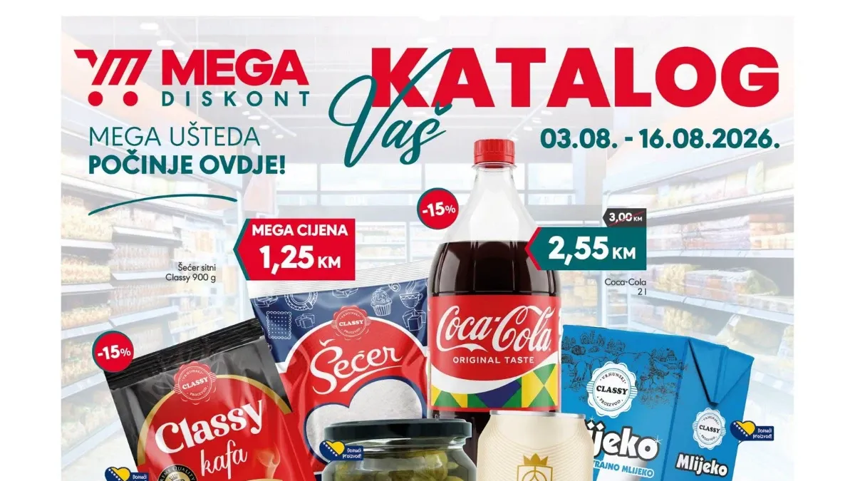 Mega Diskont katalog od 03.08. do 16.08.2026. – akcije na prehranu, pića, meso, mliječne proizvode, sladolede i kućne potrepštine