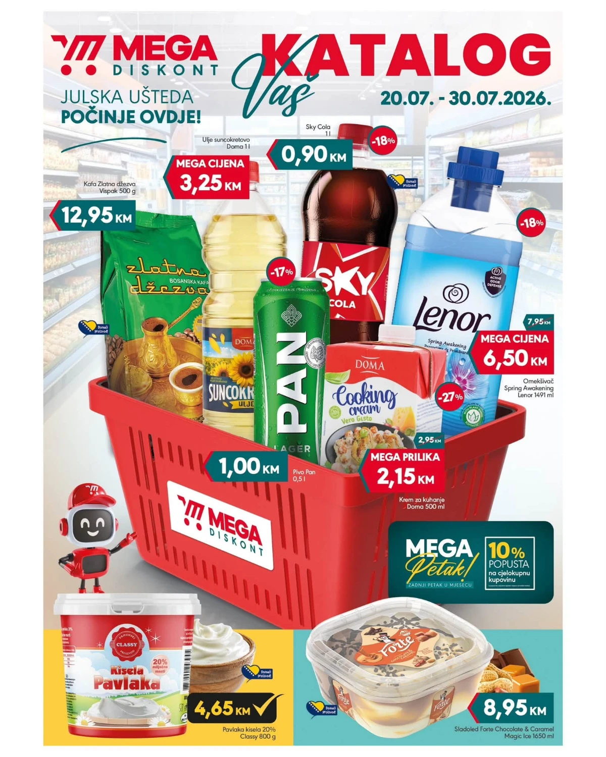 Mega Diskont katalog od 20. do 30.07.2026. – kafa, ulje, Sky Cola, Lenor, pivo i prehrambeni proizvodi uz popuste do 58%