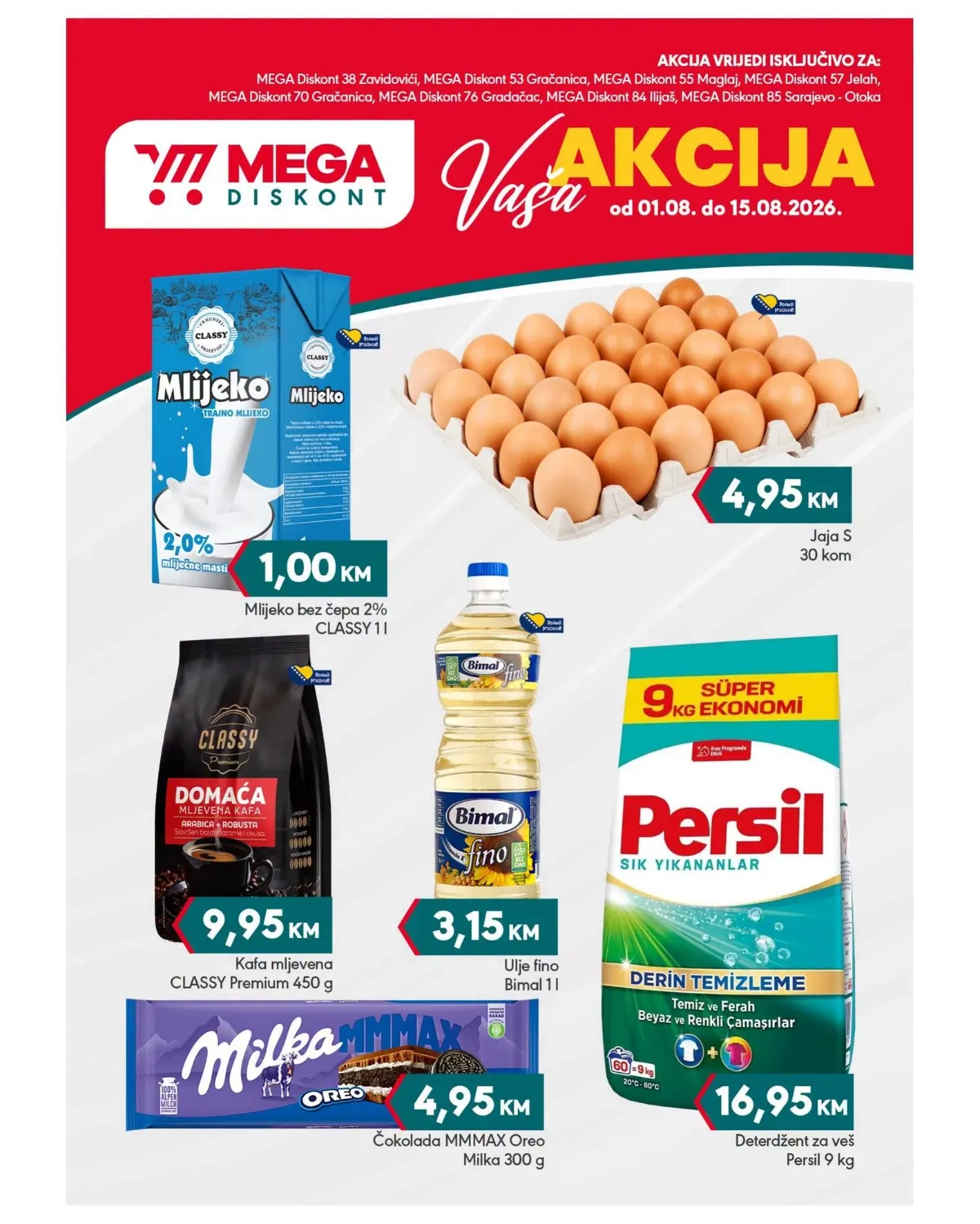MEGA Diskont posebna akcija do 15.08.2026. – mlijeko, jaja, ulje, kafa, Persil i drugi proizvodi po posebnim cijenama