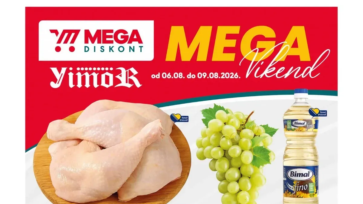 Mega Diskont vikend akcija do 09.08.2026. donosi popuste do 34% na piletinu, sir, kafu, ulje, sladoled, mlijeko i druge prehrambene proizvode.