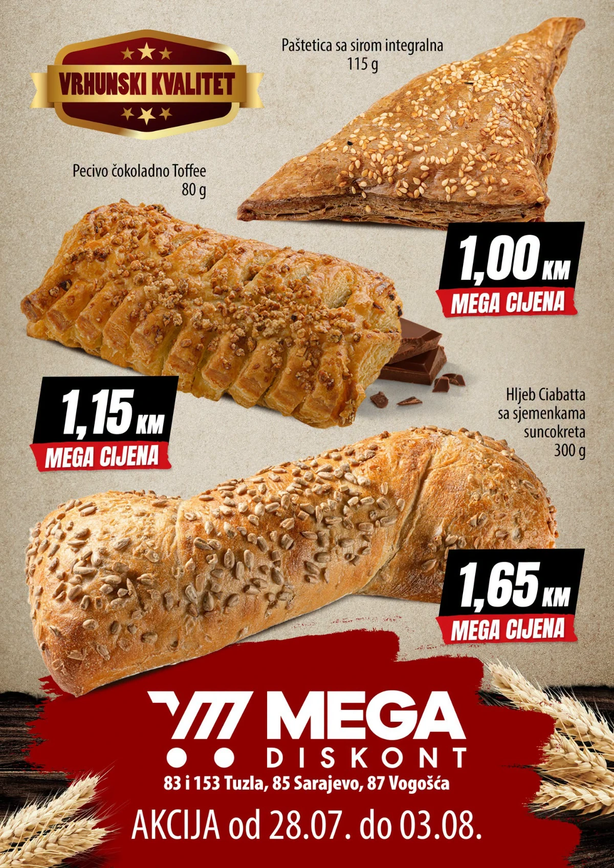 Mega Diskont pekara akcija do 03.08.2026. – peciva već od 1 KM i svježi pekarski proizvodi po Mega cijenama.