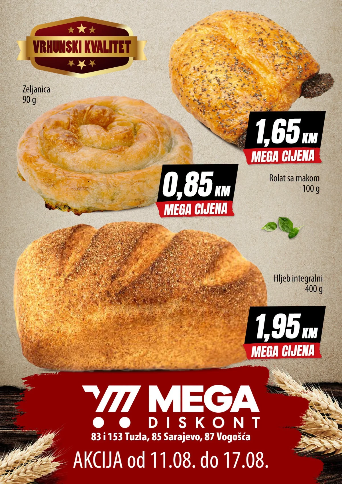 Mega Diskont pekarska akcija do 17.08.2026. – zeljanica, rolat sa makom i integralni hljeb po Mega cijenama