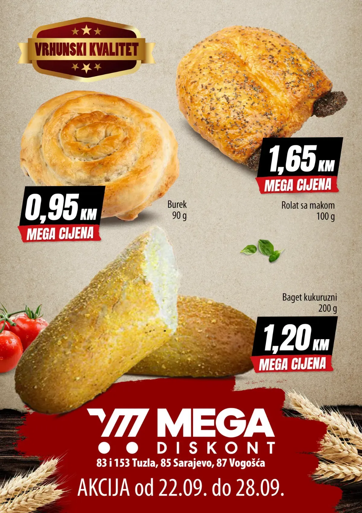 Mega Diskont akcija pekare od 22.09. do 28.09.2026. – burek, rolat sa makom i kukuruzni baget po MEGA cijenama