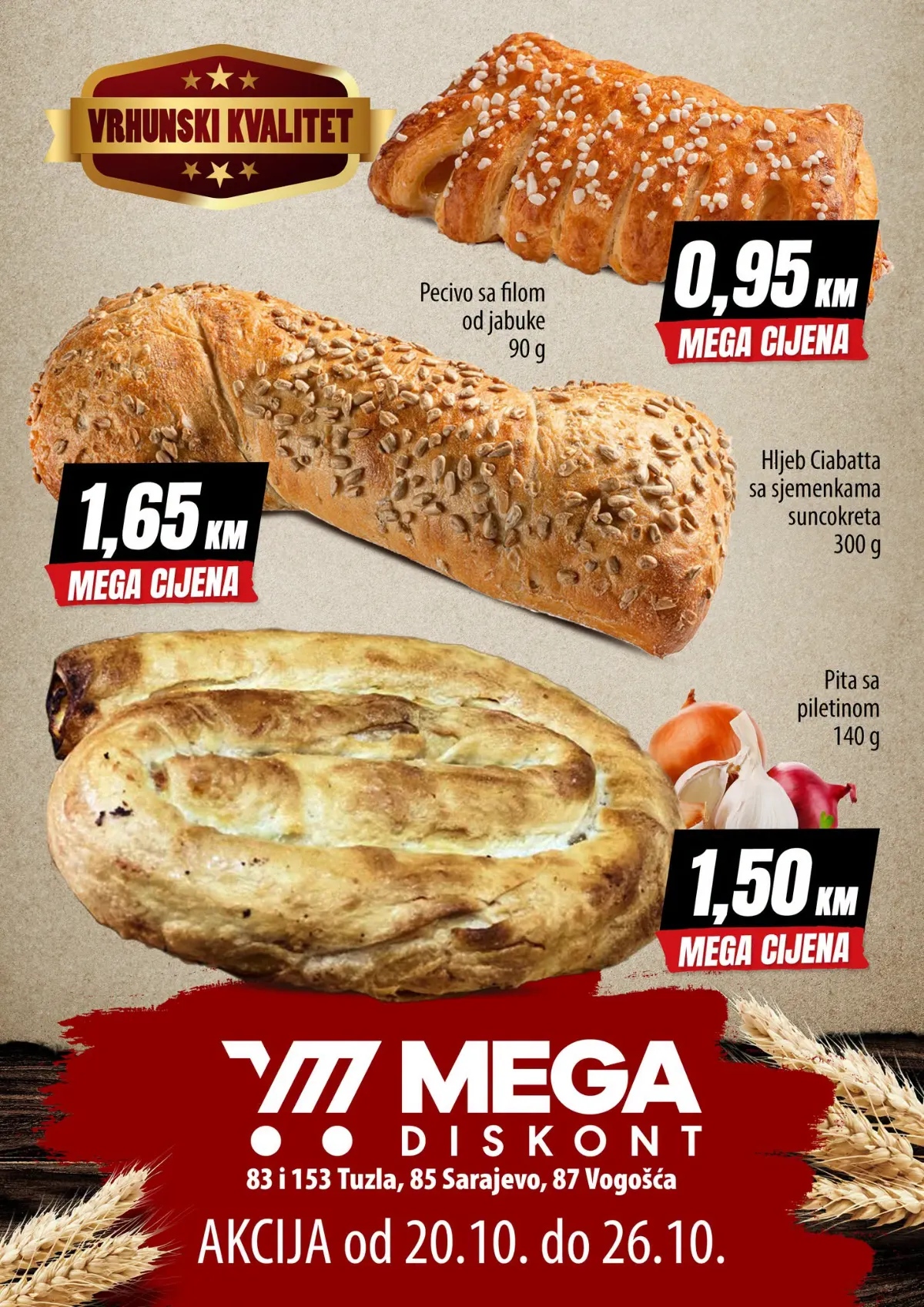 MEGA Diskont pekara akcija 20–26.10.2026. – pecivo s filom od jabuke 90 g za 0,95 KM, Ciabatta hljeb sa sjemenkama suncokreta 300 g za 1,65 KM i pita s piletinom 140 g za 1,50 KM