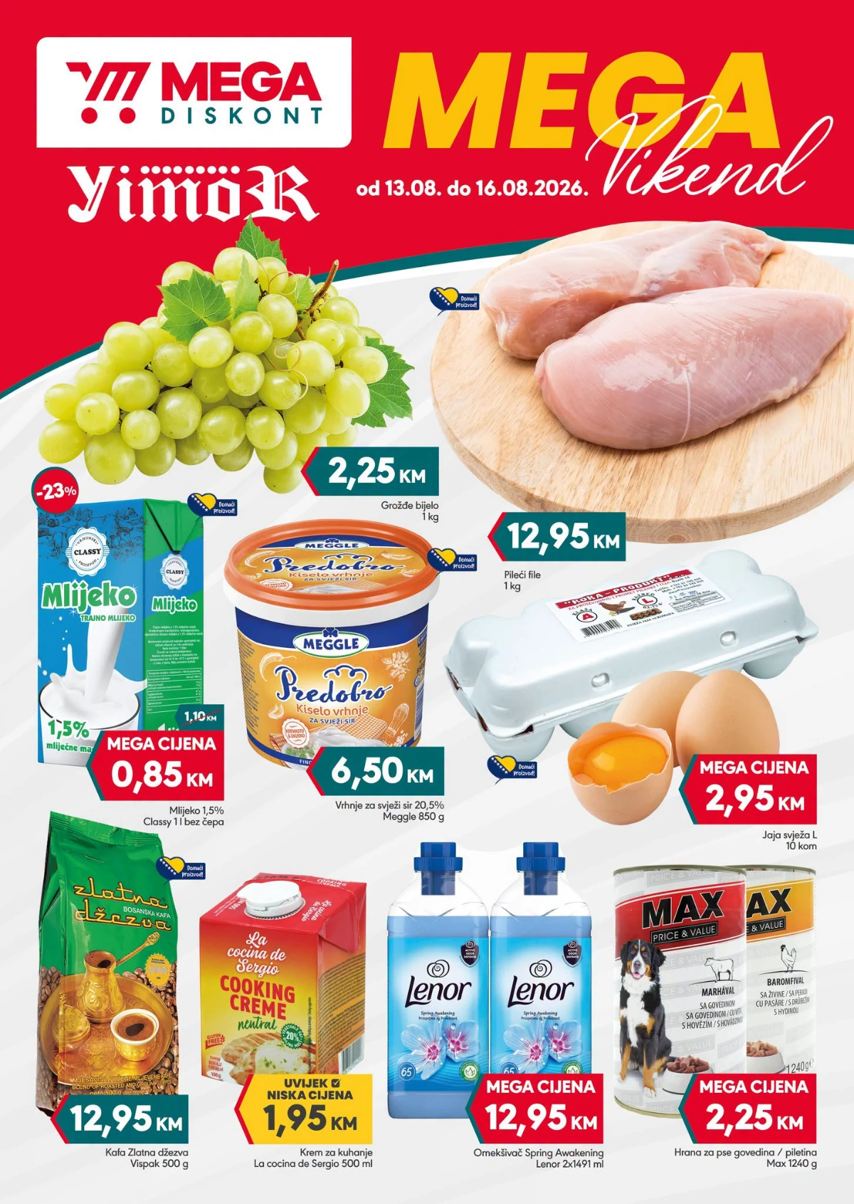 Mega Diskont MEGA Vikend od 13.08. do 16.08.2026. – pileći file, grožđe, mlijeko, jaja i vikend ponude