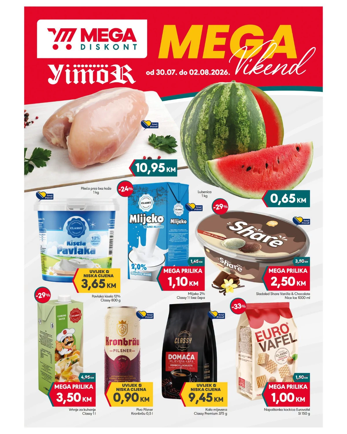 Mega Diskont MEGA Vikend od 30.07. do 02.08.2026. – pileća prsa, lubenica, mlijeko, kafa i sladoled po akcijskim cijenama