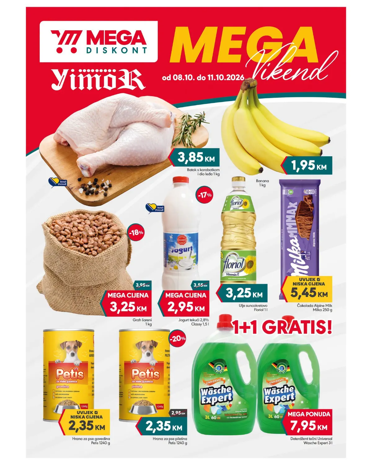 Mega Diskont i Yimor MEGA vikend od 08. do 11.10.2026. – batak s karabatkom 3,85 KM, banane 1,95 KM, grah 3,25 KM, jogurt 2,95 KM i druge akcijske cijene