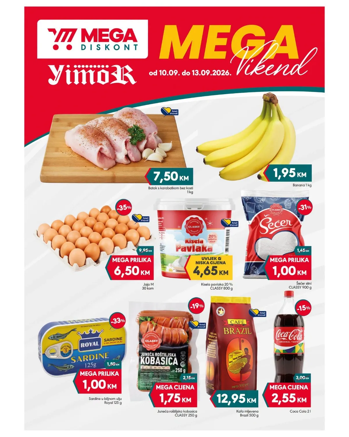 Mega Diskont Yimor vikend akcija od 10.09. do 13.09.2026. – pileći batak, banane, jaja, šećer, sardine, kafa i piće na akciji