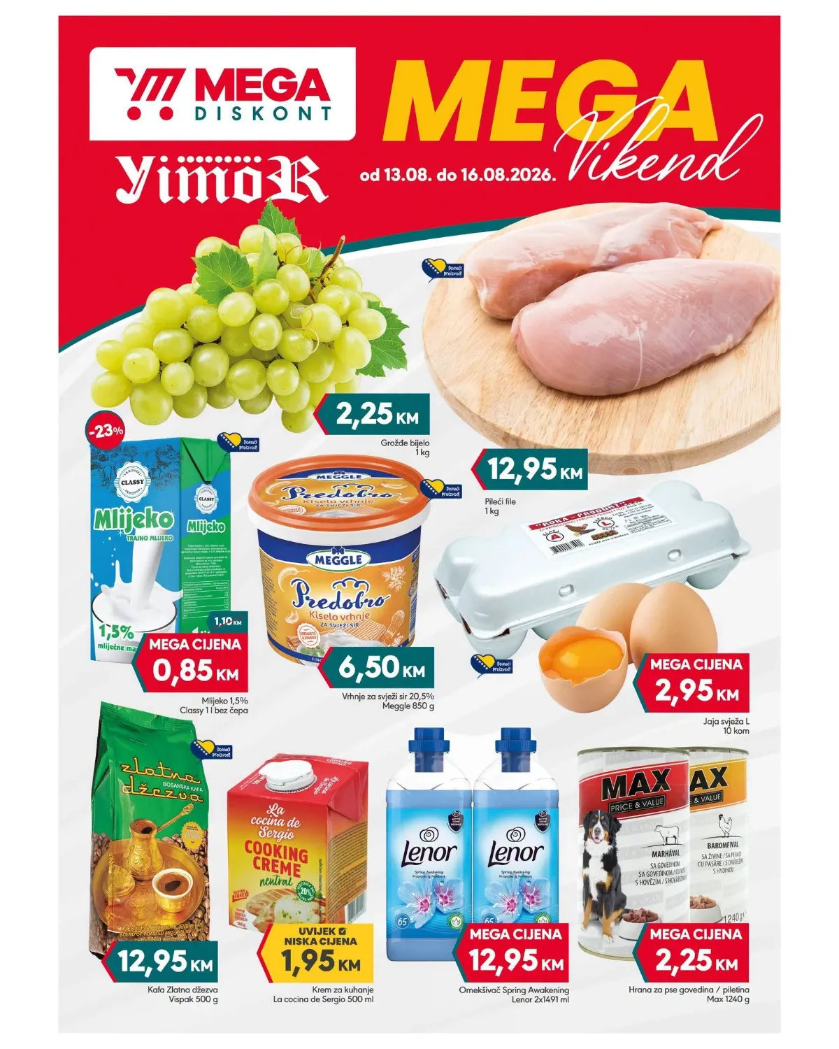 Mega Diskont MEGA Vikend od 13.08. do 16.08.2026. – pileći file, grožđe, mlijeko, jaja i druge akcijske ponude
