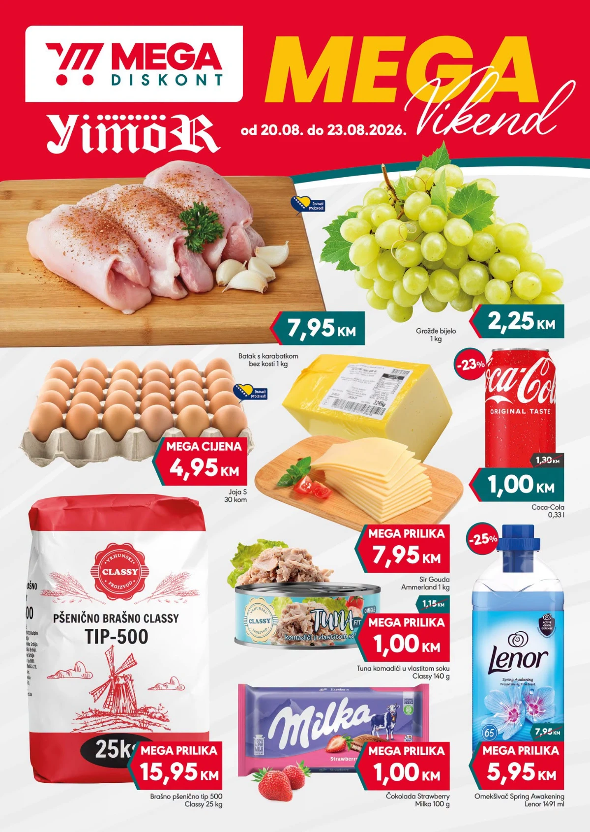 Mega Diskont vikend akcija od 20.08. do 23.08.2026. – piletina, grožđe, jaja, sir, tuna, čokolada i drugi proizvodi na sniženju