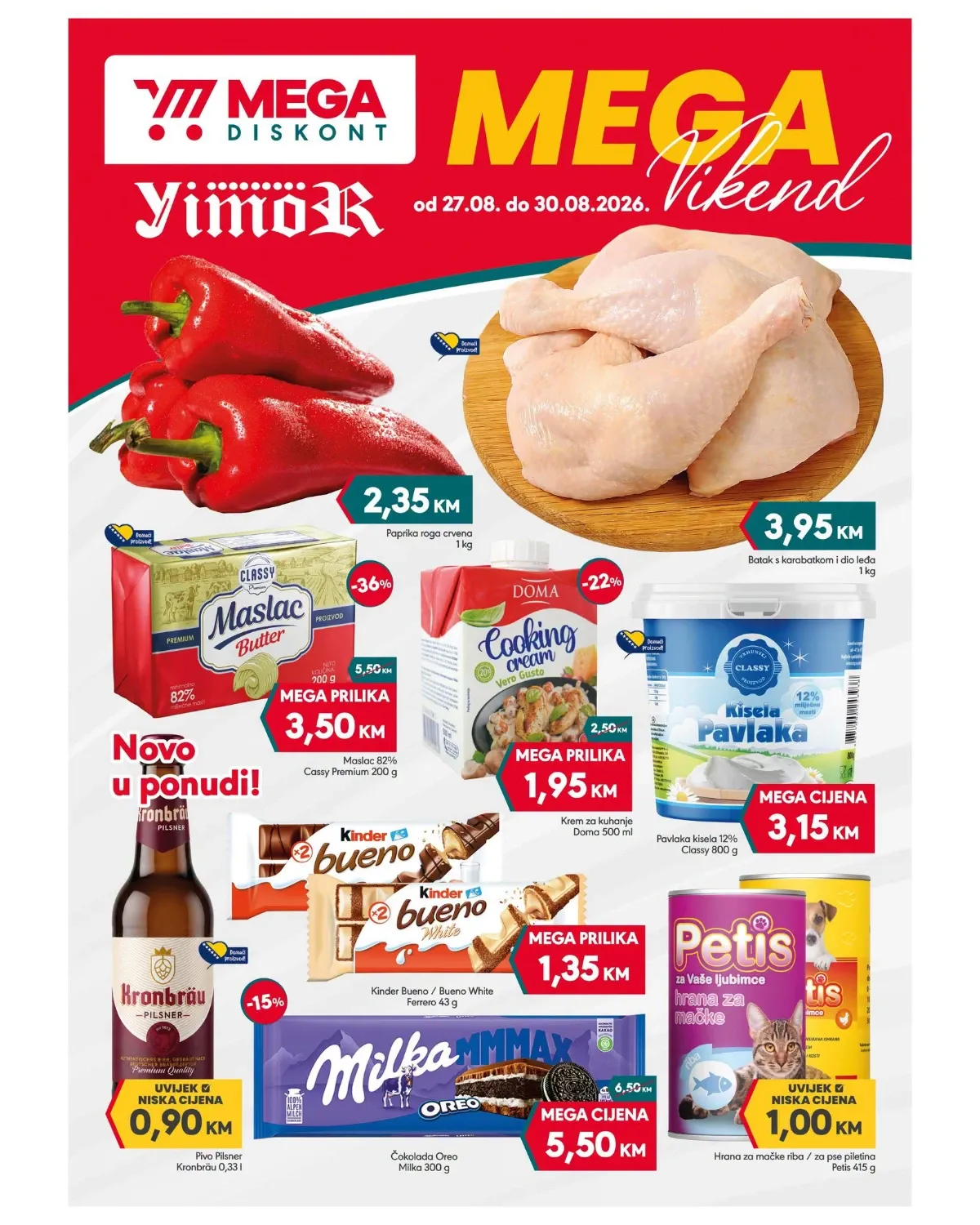 Mega Diskont vikend akcija od 27.08. do 30.08.2026. – piletina, paprika, maslac, pavlaka, čokolada i drugi proizvodi na akciji