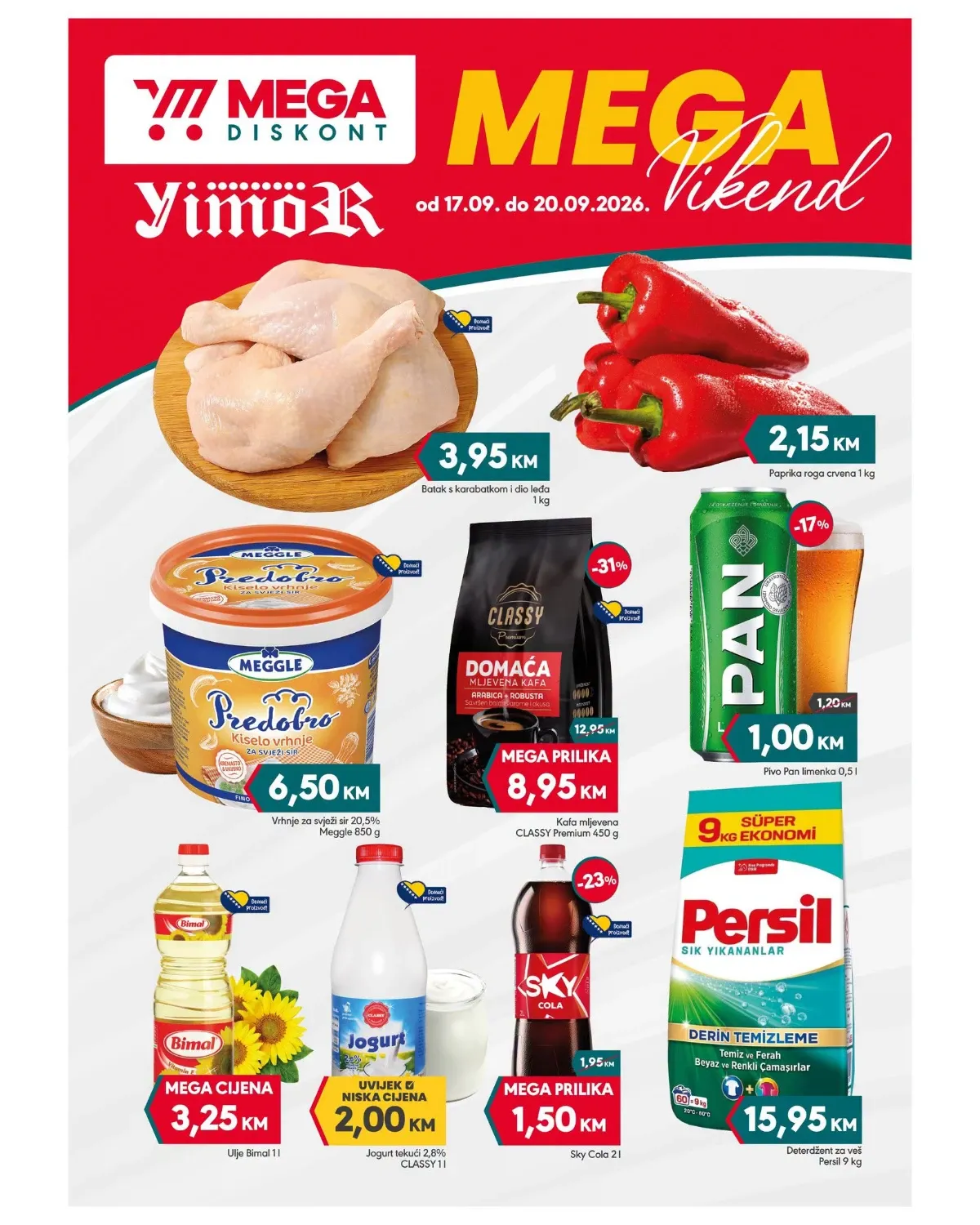 Mega Diskont i Yimor Mega vikend akcija od 17.09. do 20.09.2026. – pileći batak, paprika, kafa, pivo, ulje, jogurt i deterdžent po akcijskim cijenama