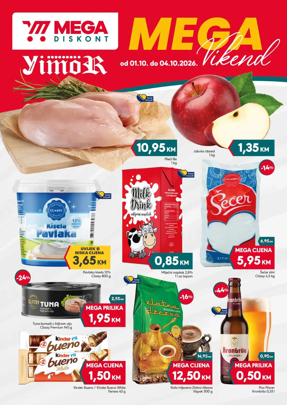Mega Diskont i Yimor MEGA vikend akcija od 01.10. do 04.10.2026. – hrana, piće i proizvodi za domaćinstvo po sniženim cijenama