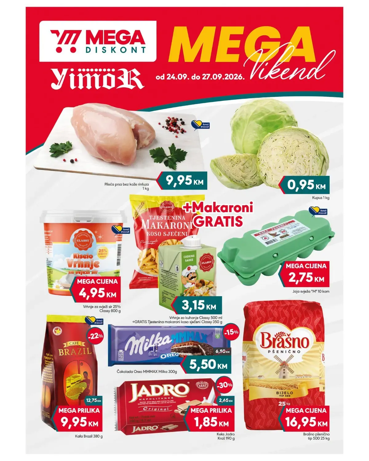 Mega Diskont i Yimor MEGA vikend akcija od 24.09. do 27.09.2026. – hrana, piće i proizvodi za domaćinstvo po sniženim cijenama